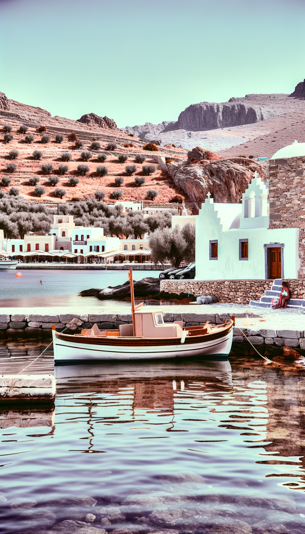 Traditional wooden boat on still harbour water