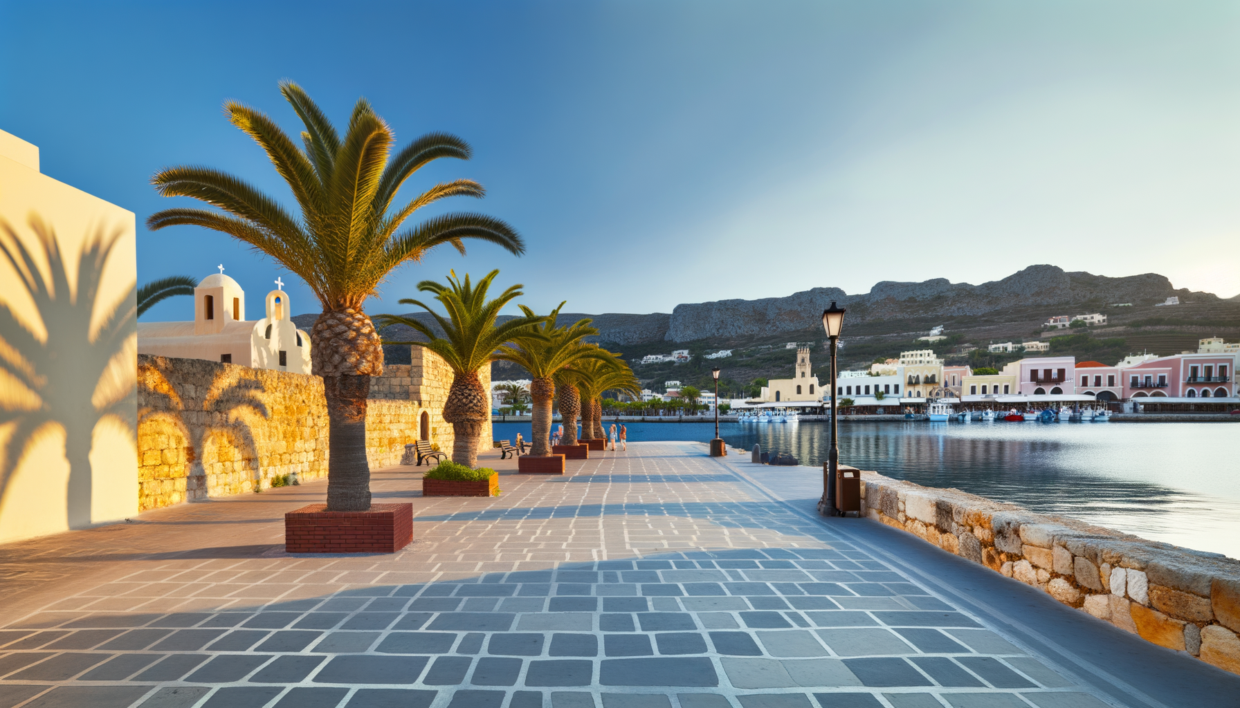 Palm and brick promenade beside calm harbour water