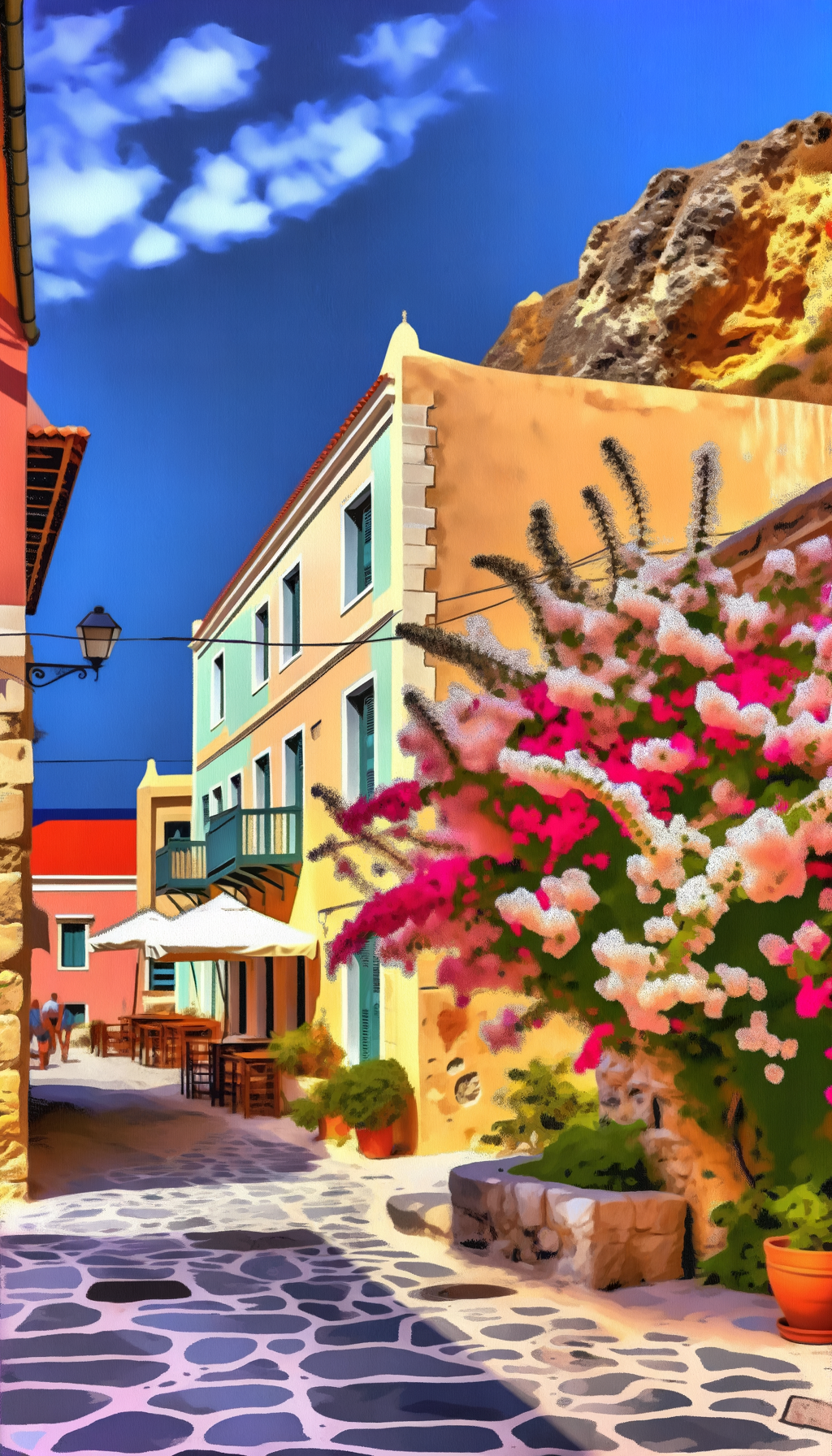 Bougainvillea and pastel facades — old-town Mediterranean light