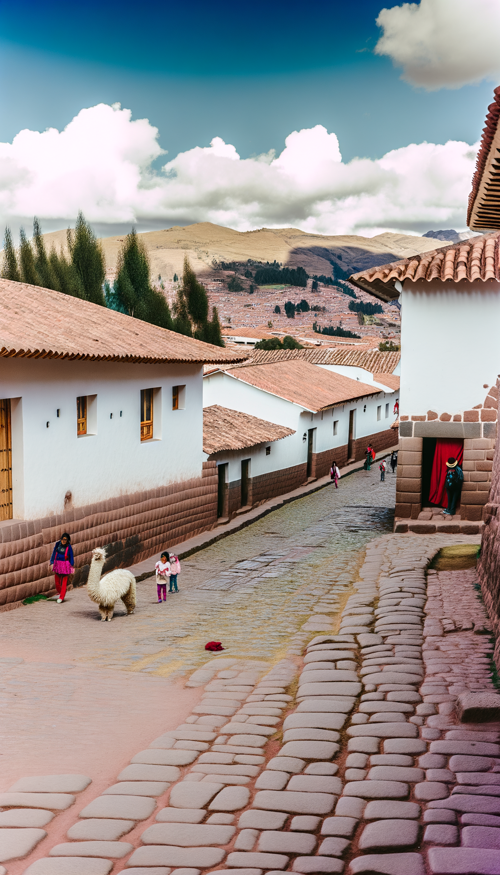 Historic street in Cusco with a church tower in the distance