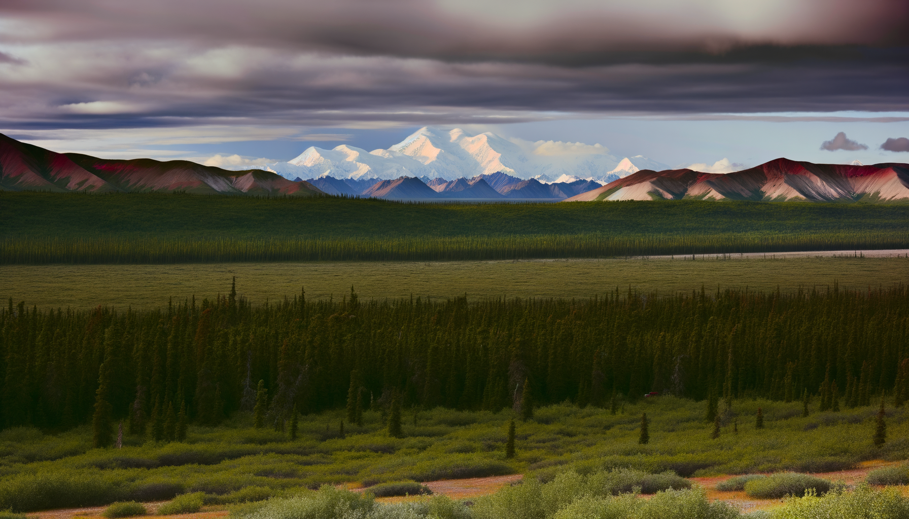 Distant snow-capped Denali peak above forest and valley