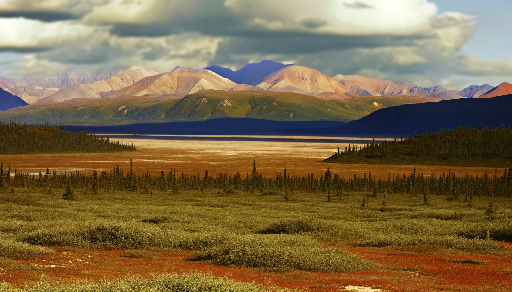 Wild Alaska landscape with open valley and distant peaks