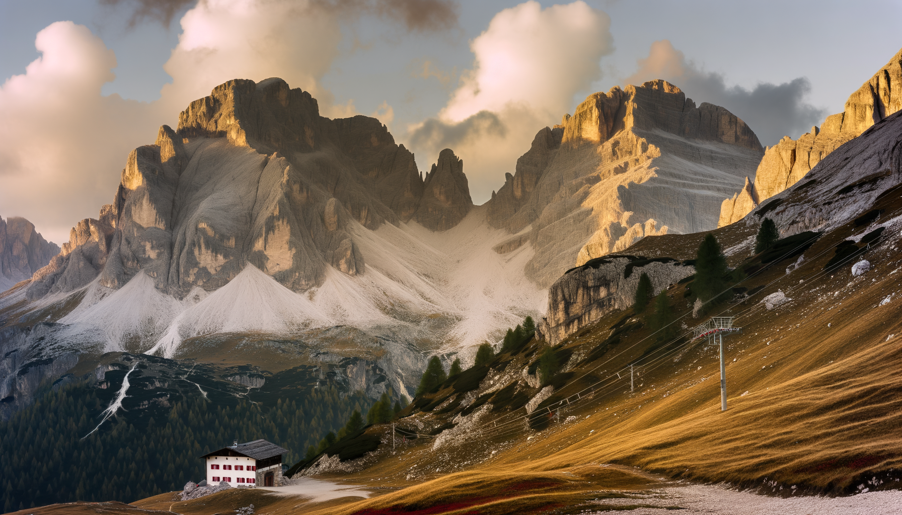 Dramatic Dolomite peaks above alpine meadows in soft light