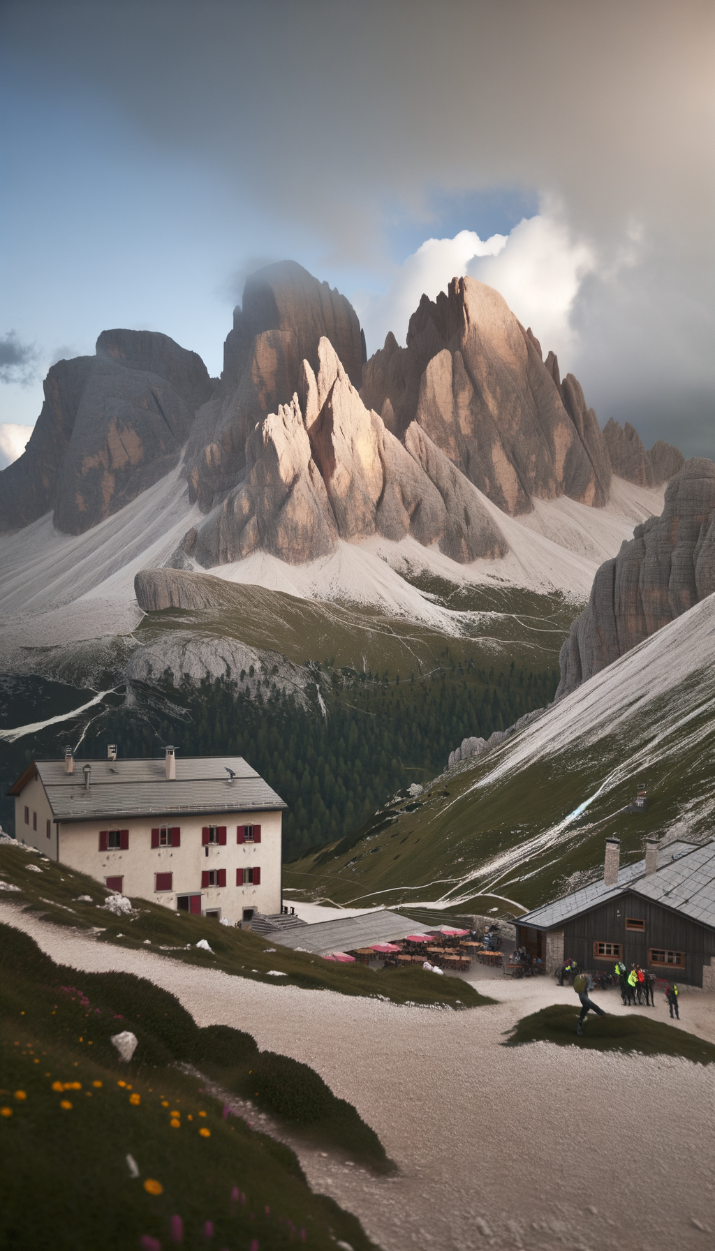 Jagged mountain peaks and green slopes under a partly cloudy sky