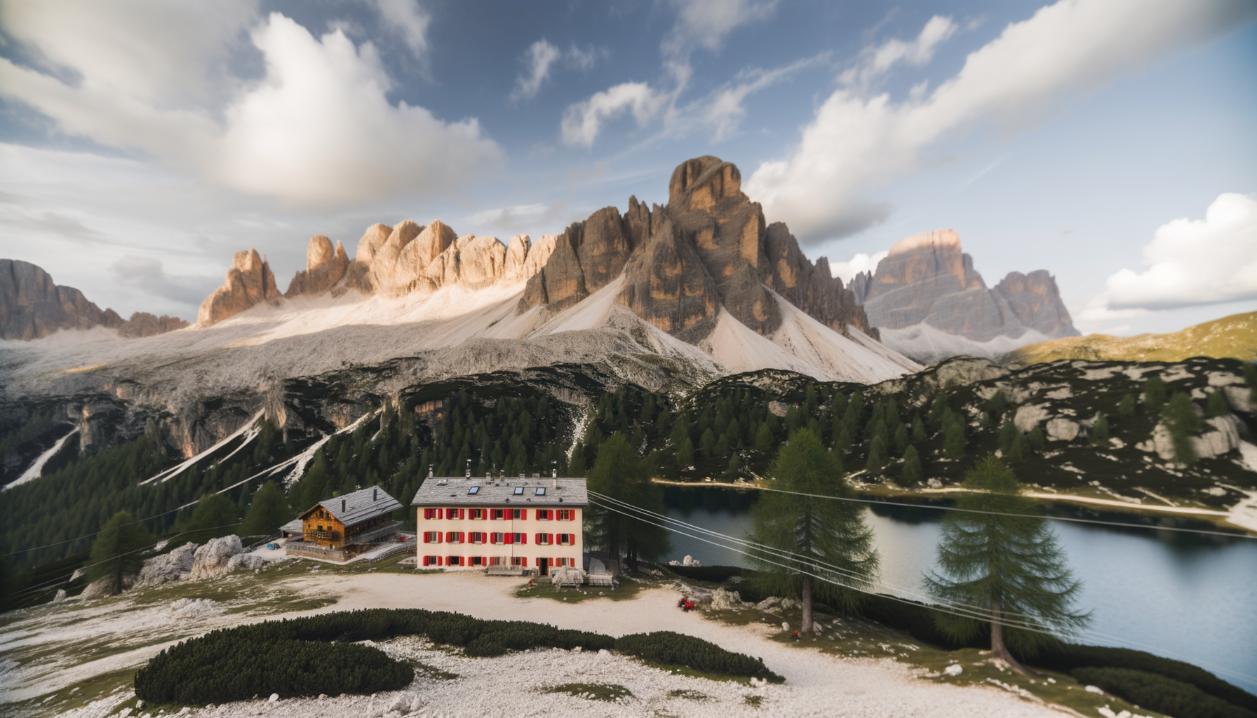 Alpine lake reflecting steep rocky faces and pine forest