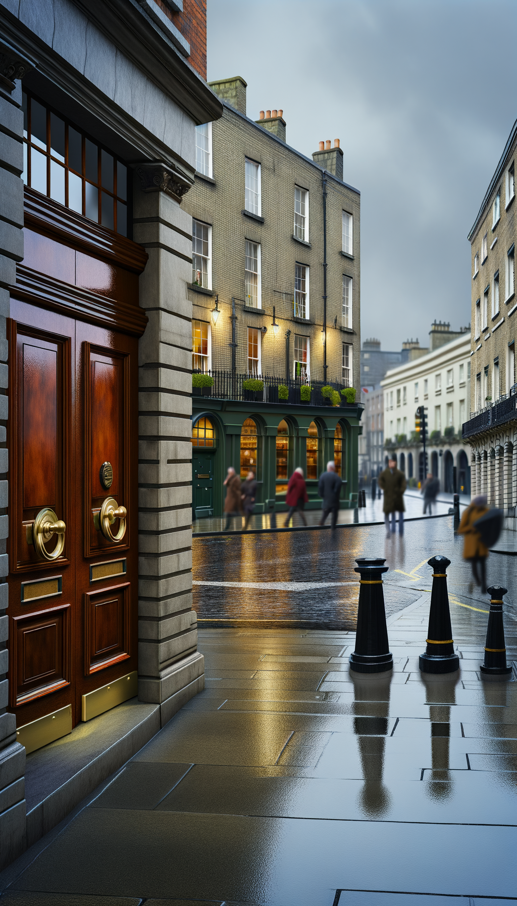 Classic Dublin street with historic architecture and pedestrians