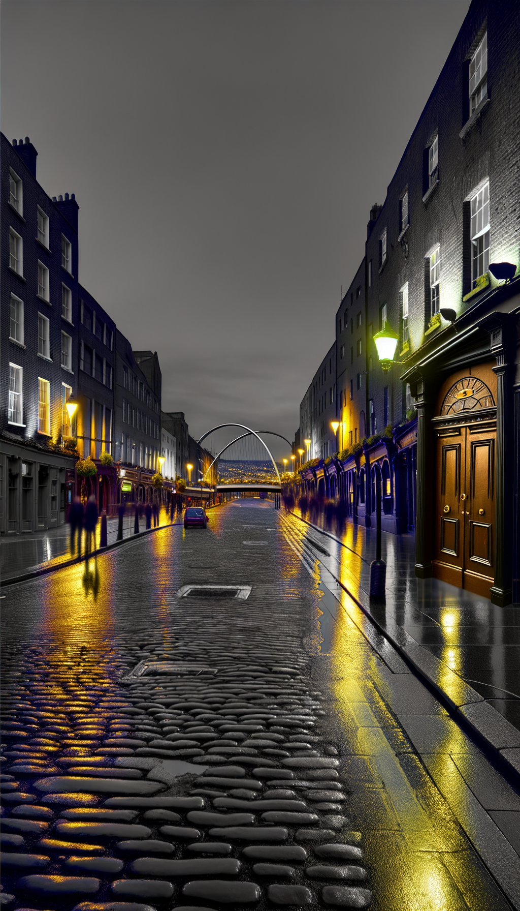 Evening city lights reflecting on wet cobblestones