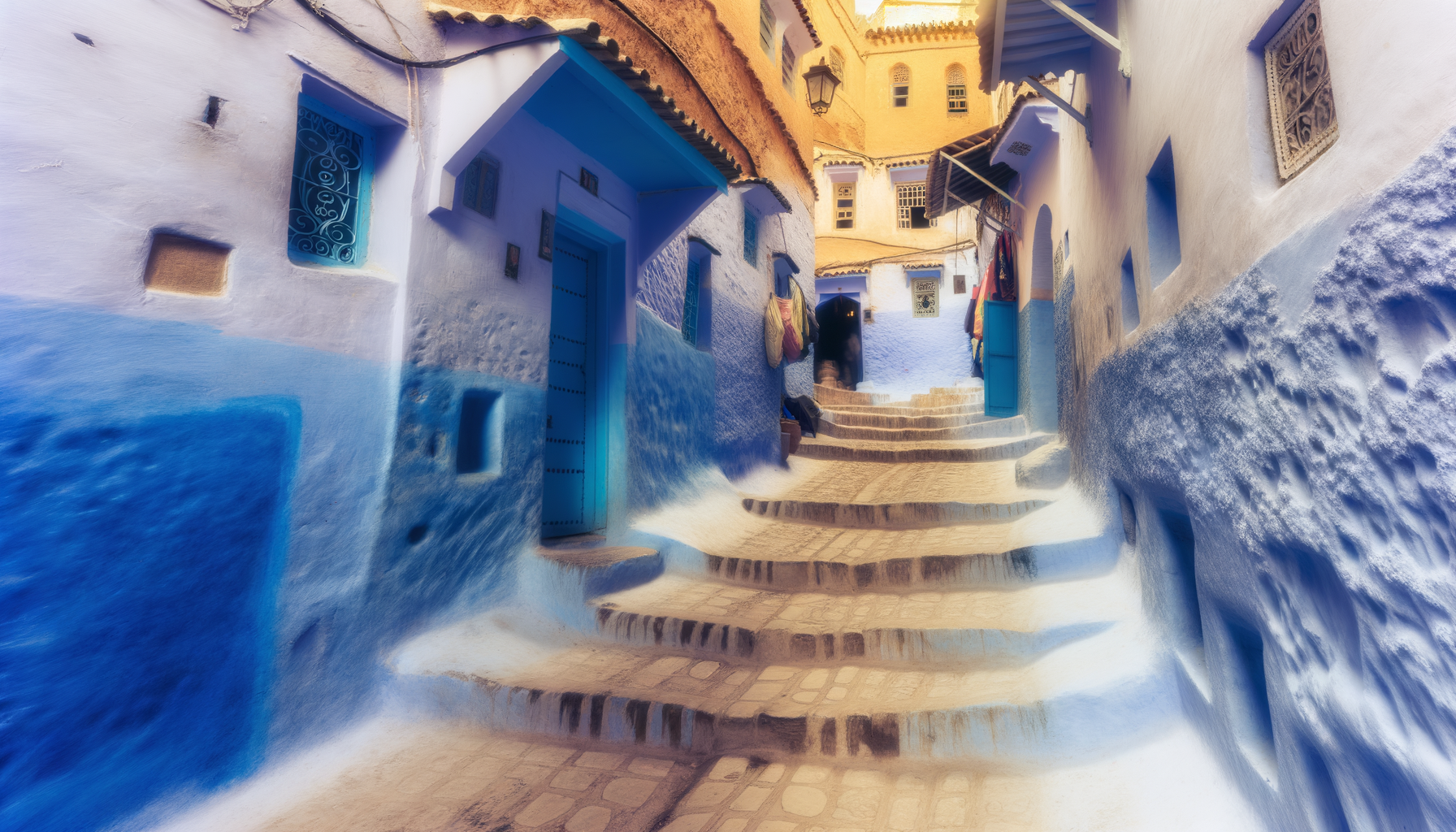 Narrow alley with blue-painted walls and stone steps