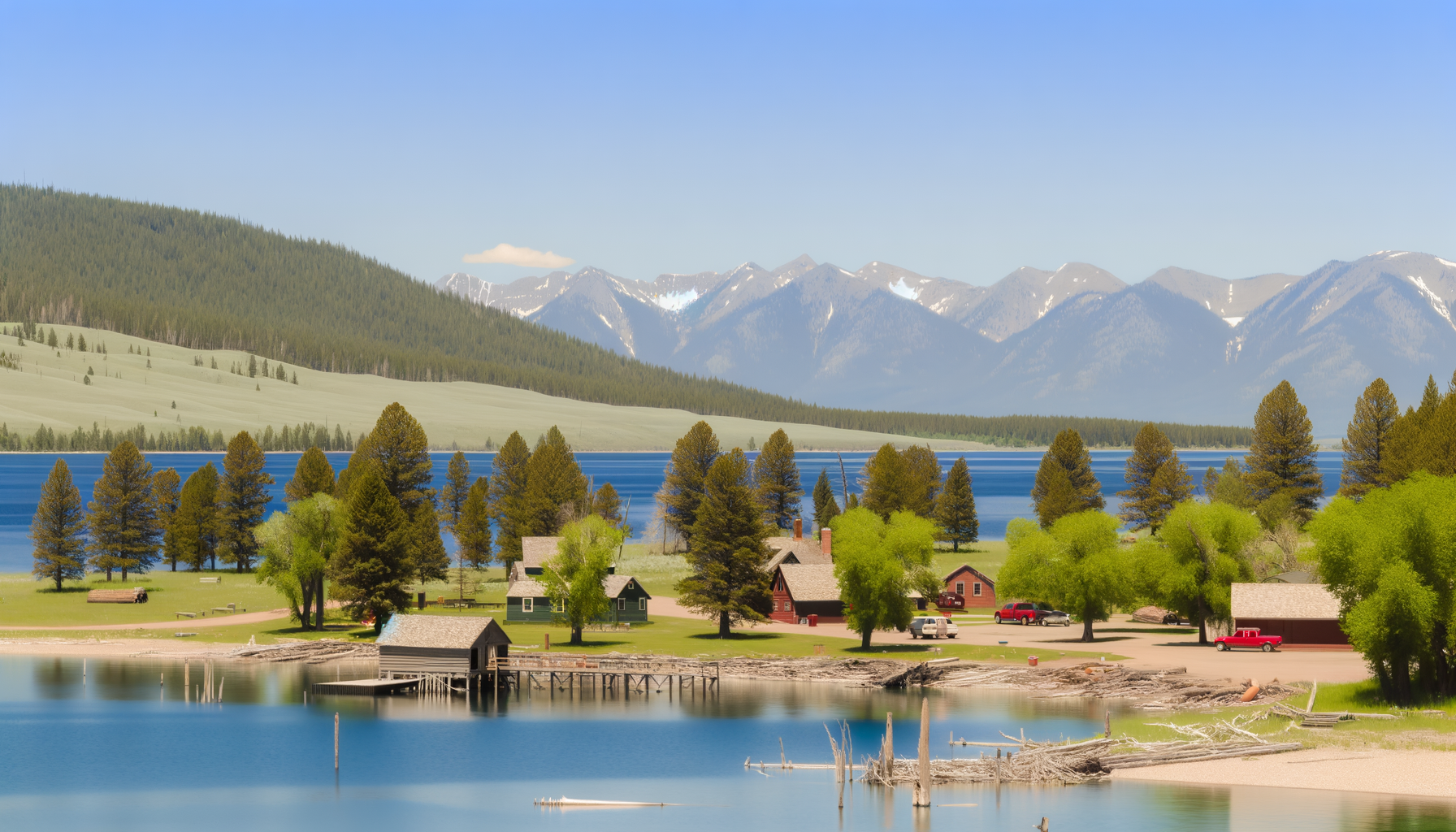 Wide view of Flathead Lake with mountains and forested shoreline