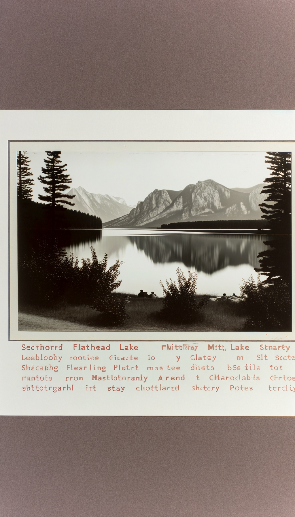 Calm lake water reflecting mountains and pine forest