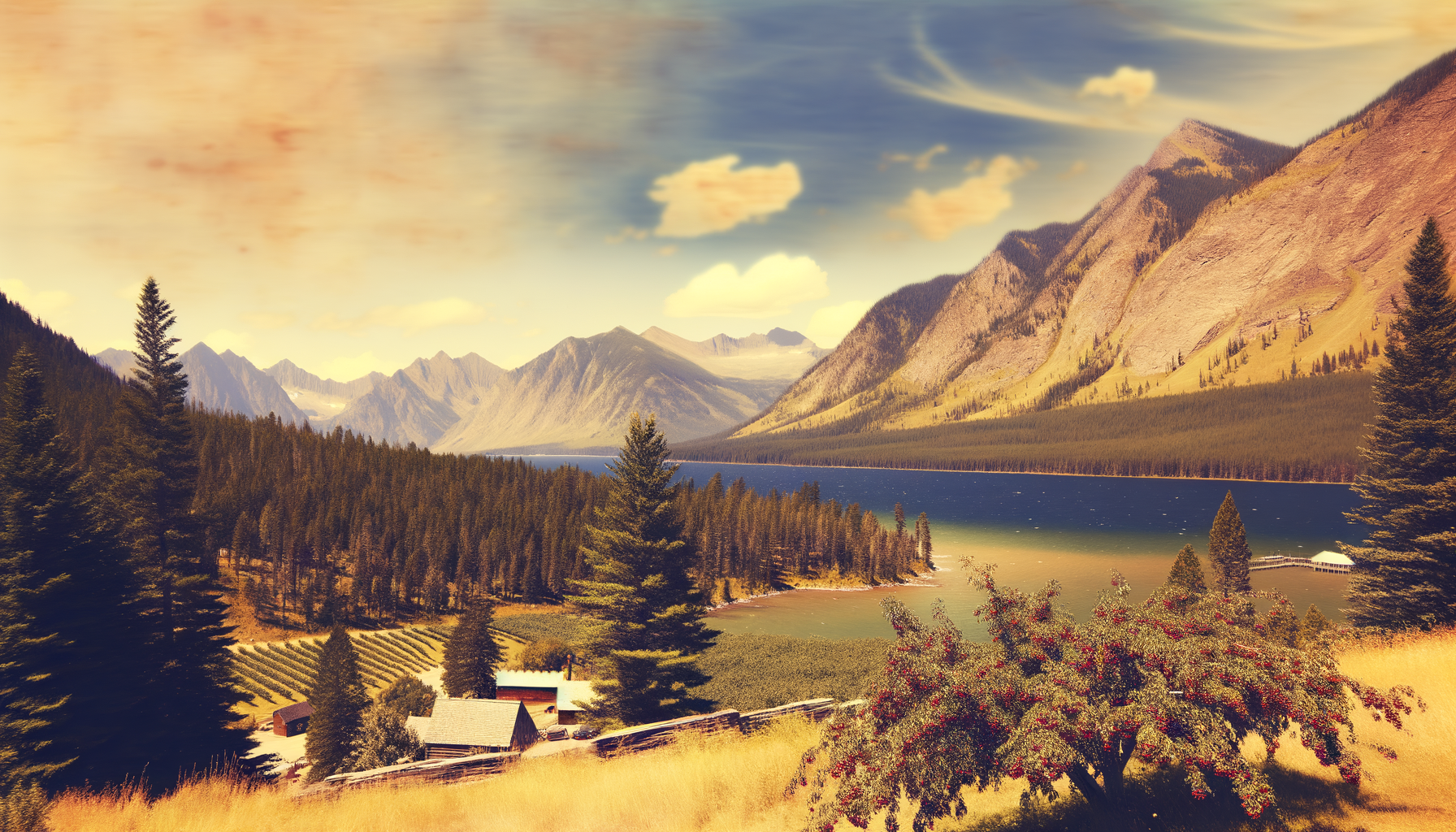 Mountain lake landscape with forest and rocky peaks