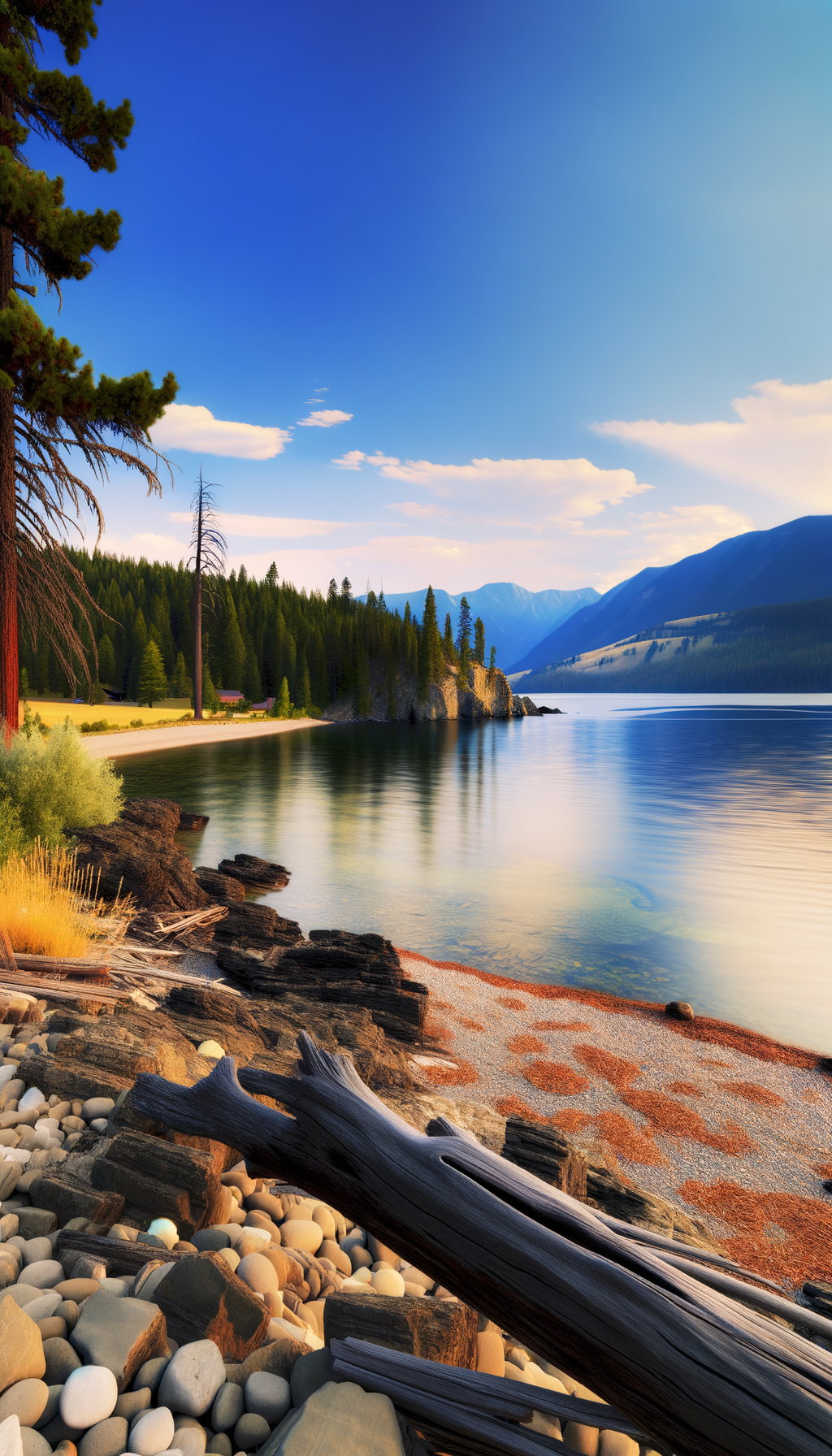 Serene Montana lake scene with trees along the shore
