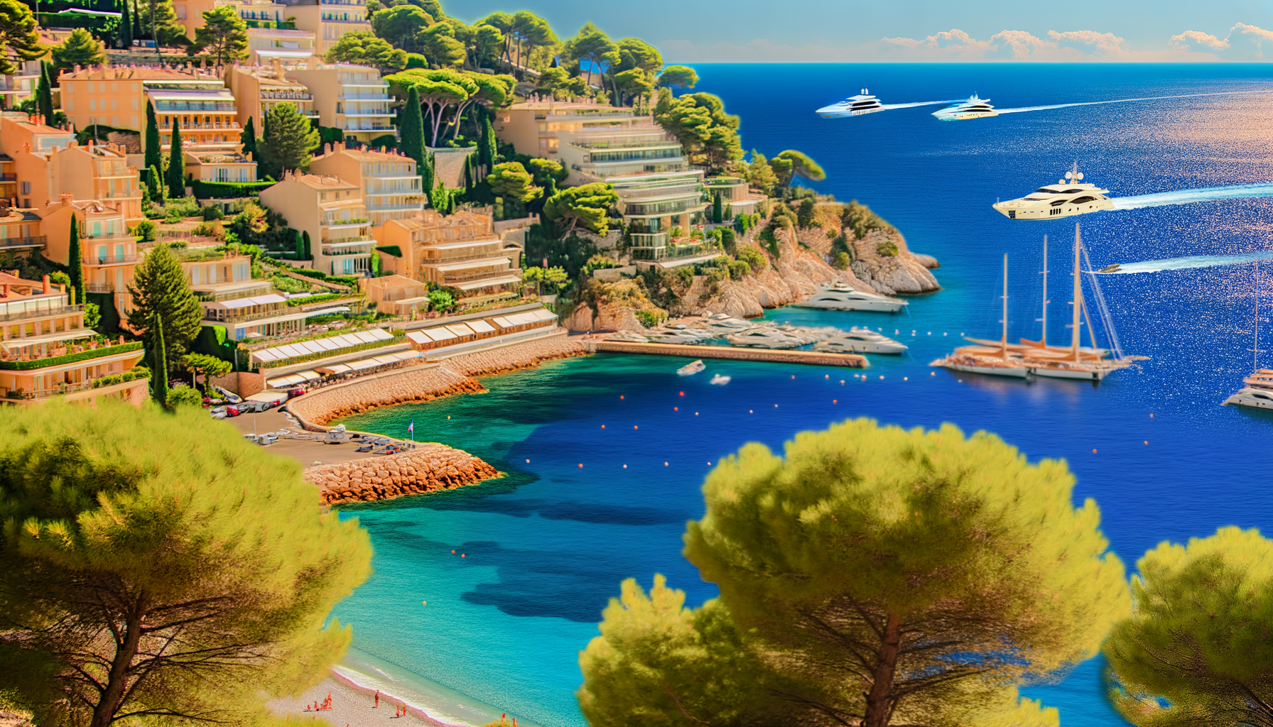 Azure Mediterranean sea beside a coastal town on a sunny day