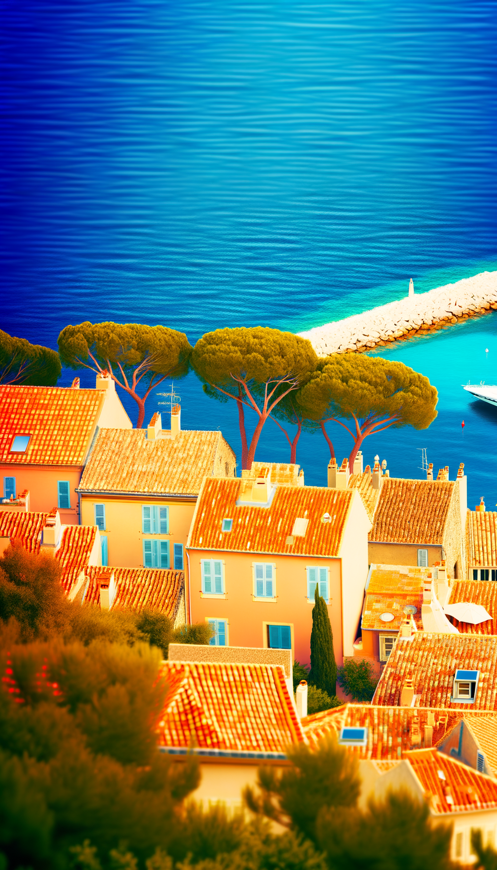 Historic coastal town with terracotta roofs overlooking blue water