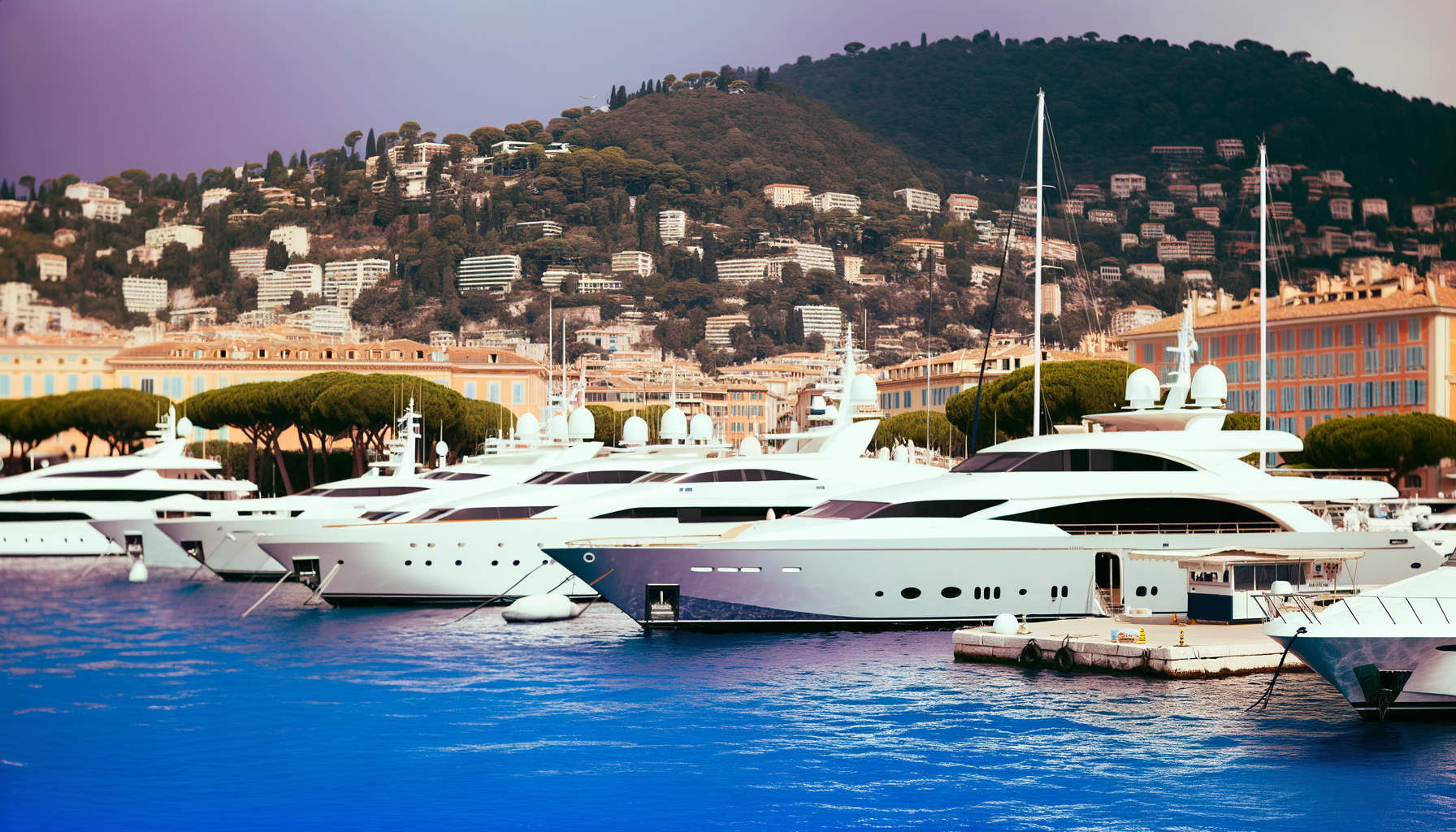 Luxury yachts moored in a marina with hills behind