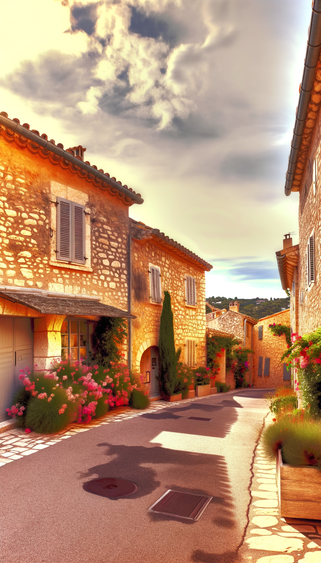Stone village alley with flowers and Mediterranean light