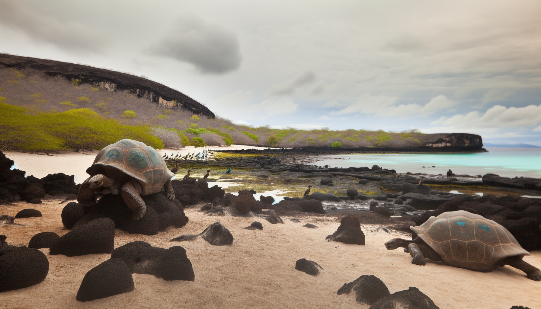 Giant tortoise in natural volcanic landscape