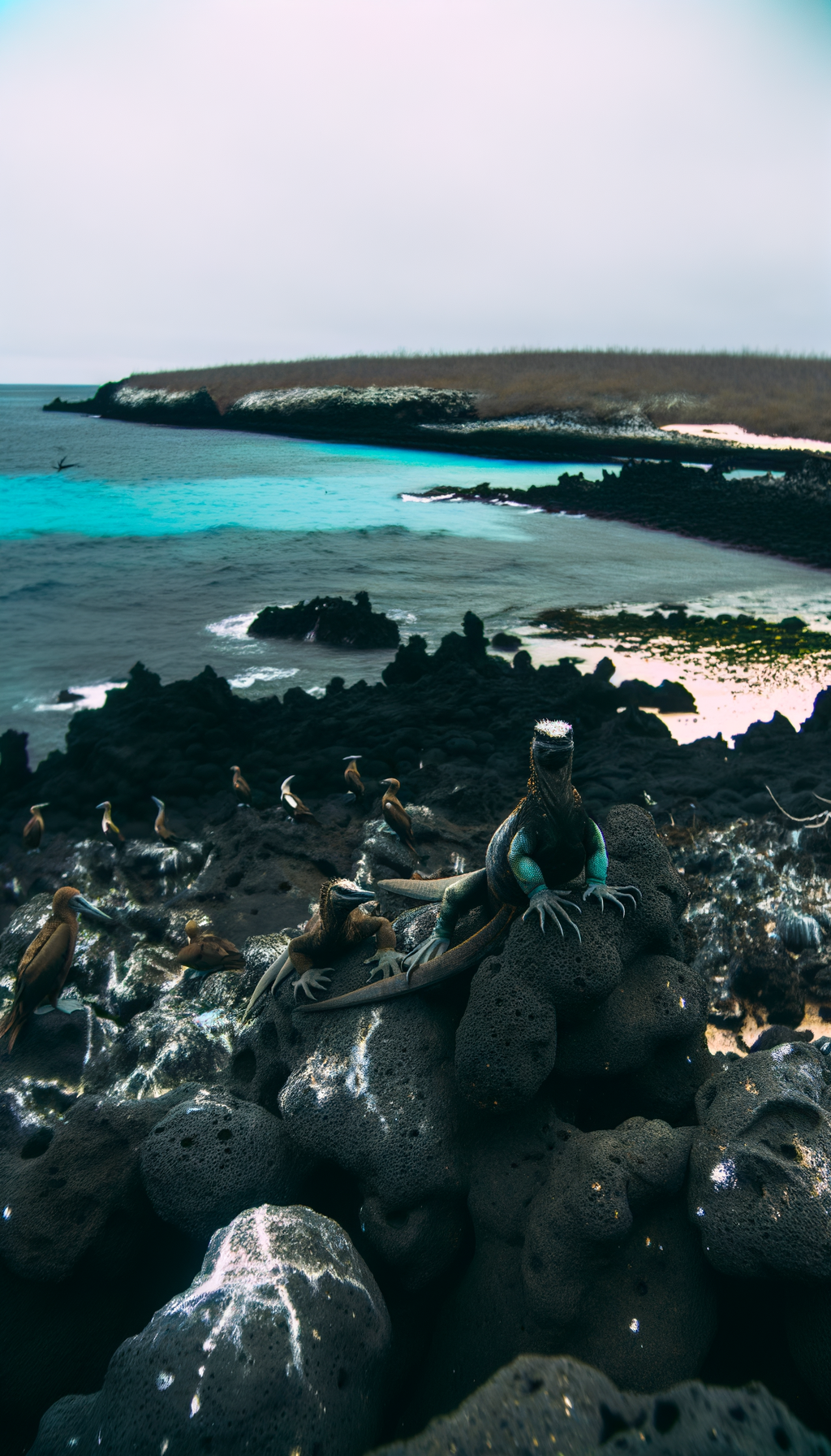 Marine iguana on dark volcanic rocks near the sea