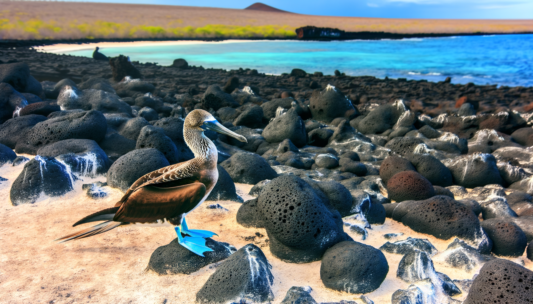 Blue-footed booby on rocky ground with ocean behind