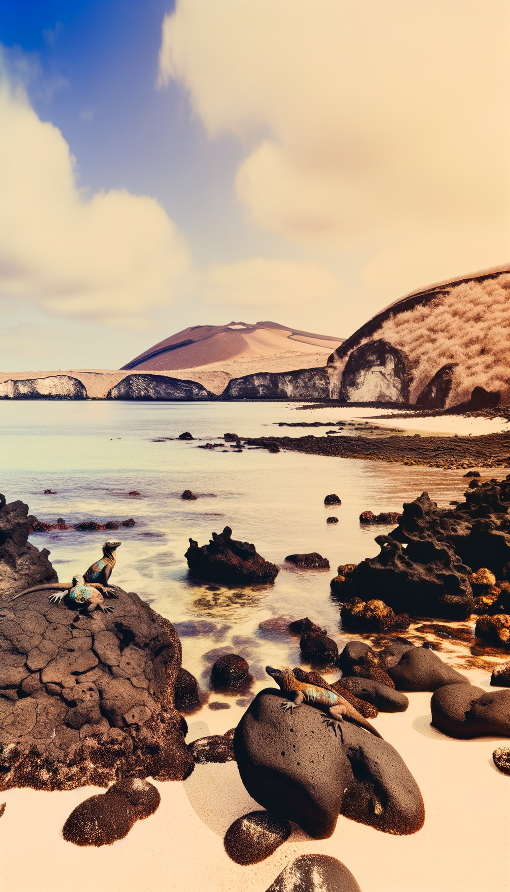 Coastal view of volcanic Galápagos shoreline and clear water