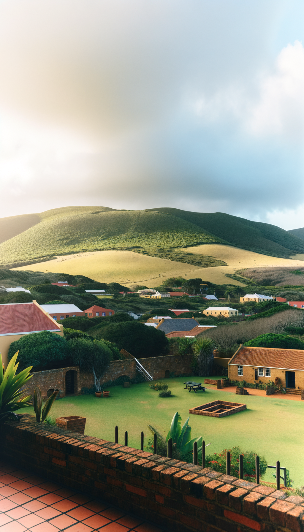 Rolling green hills and coastline under soft sky