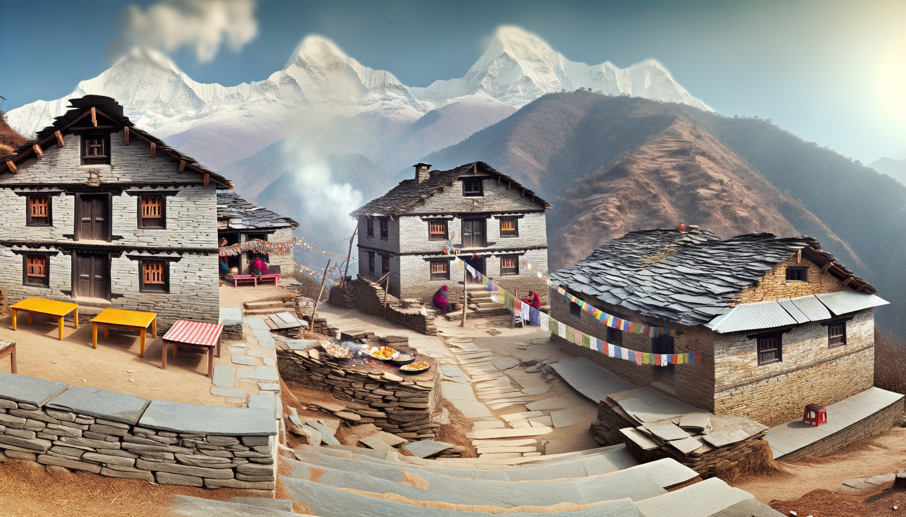 Traditional grey slate-roofed stone houses on a Himalayan hillside