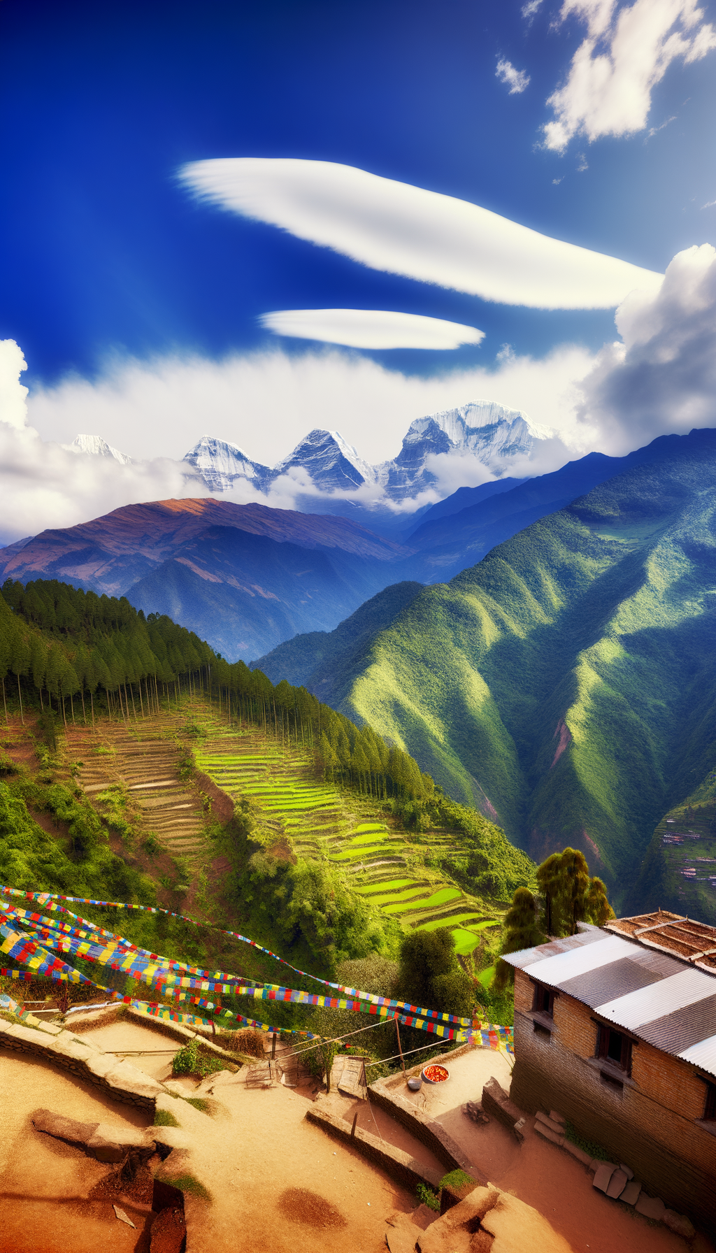Green forested ridges and Annapurna foothills under blue sky