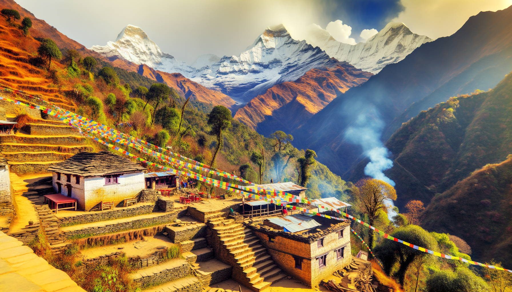 Snow-capped Himalayan peaks above forested ridges