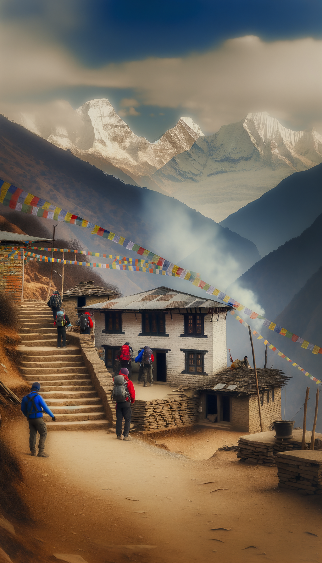 Trekkers gathered on stone steps at the edge of a Himalayan village