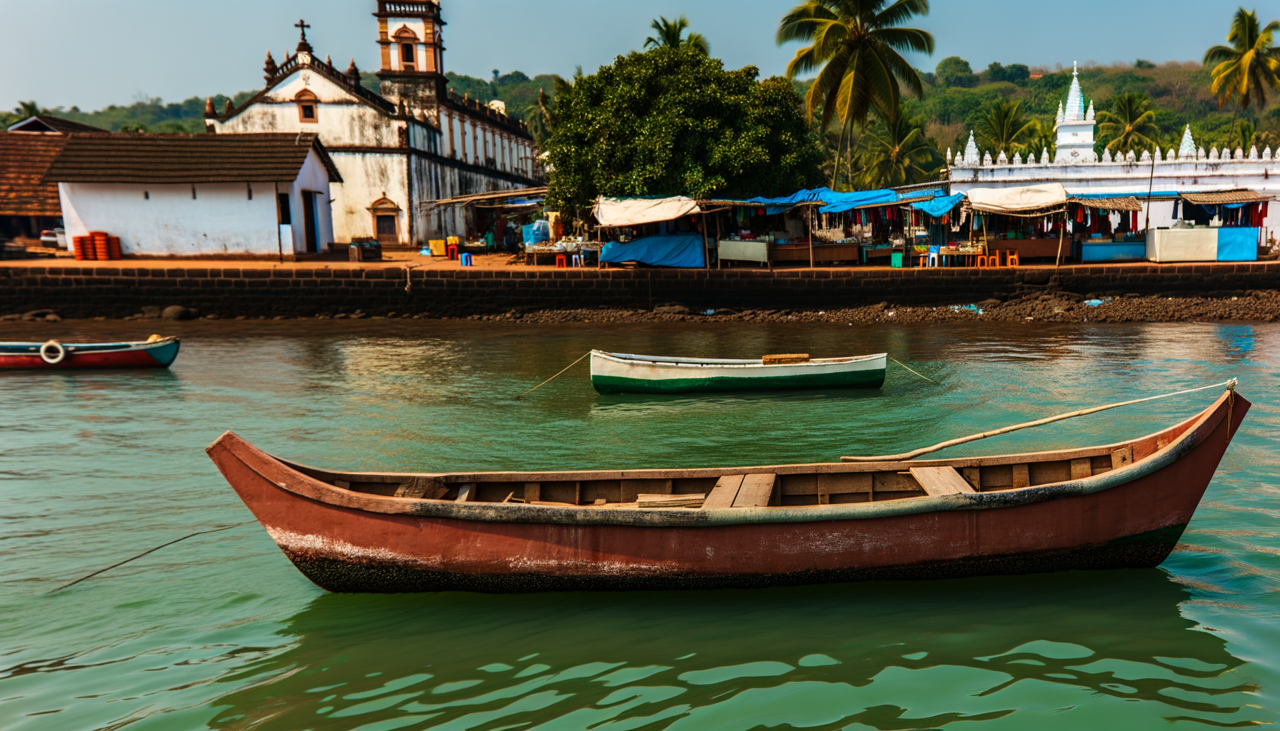 Wooden boat on calm turquoise water along the Konkan coast
