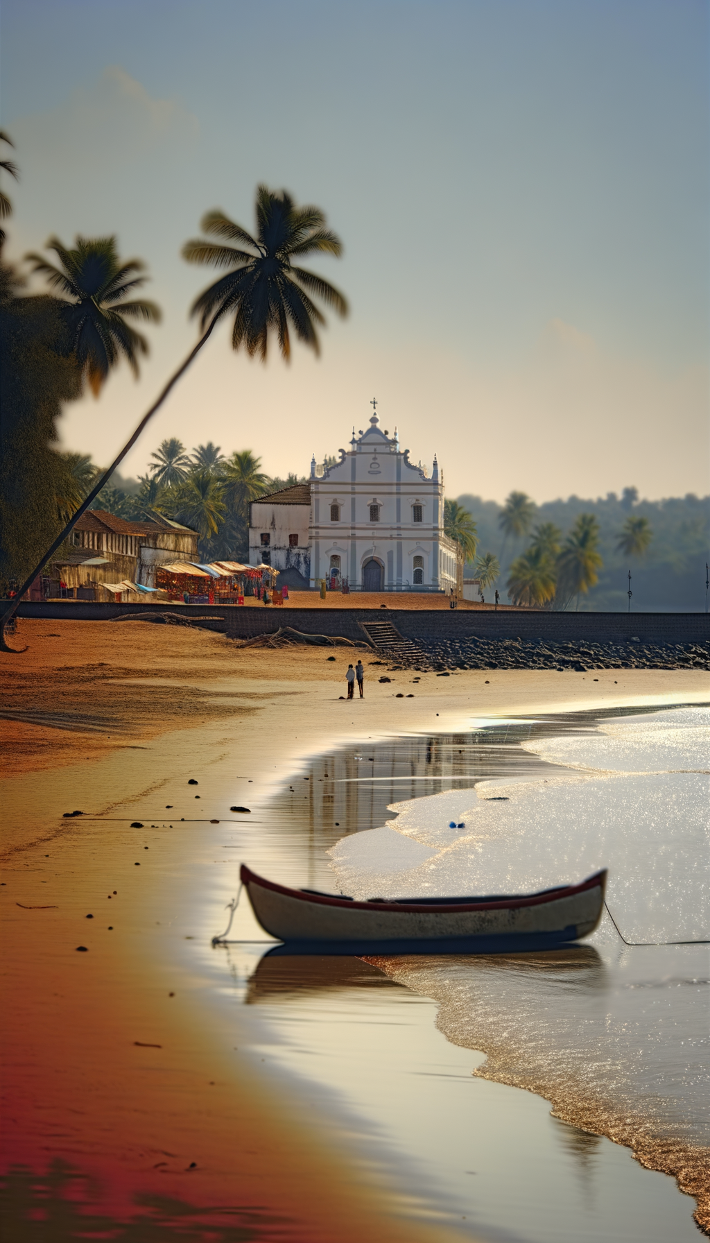 Quiet beach with a fishing boat, palms, and warm afternoon light