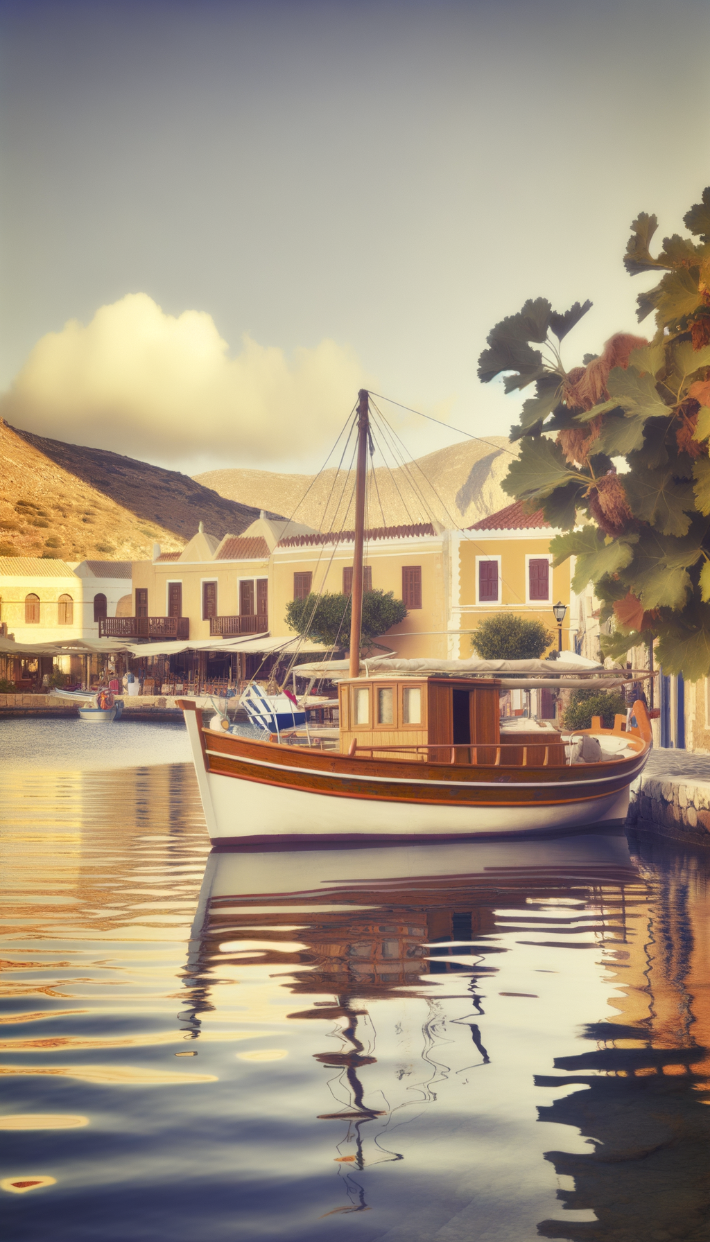 Traditional wooden boat on still harbour water