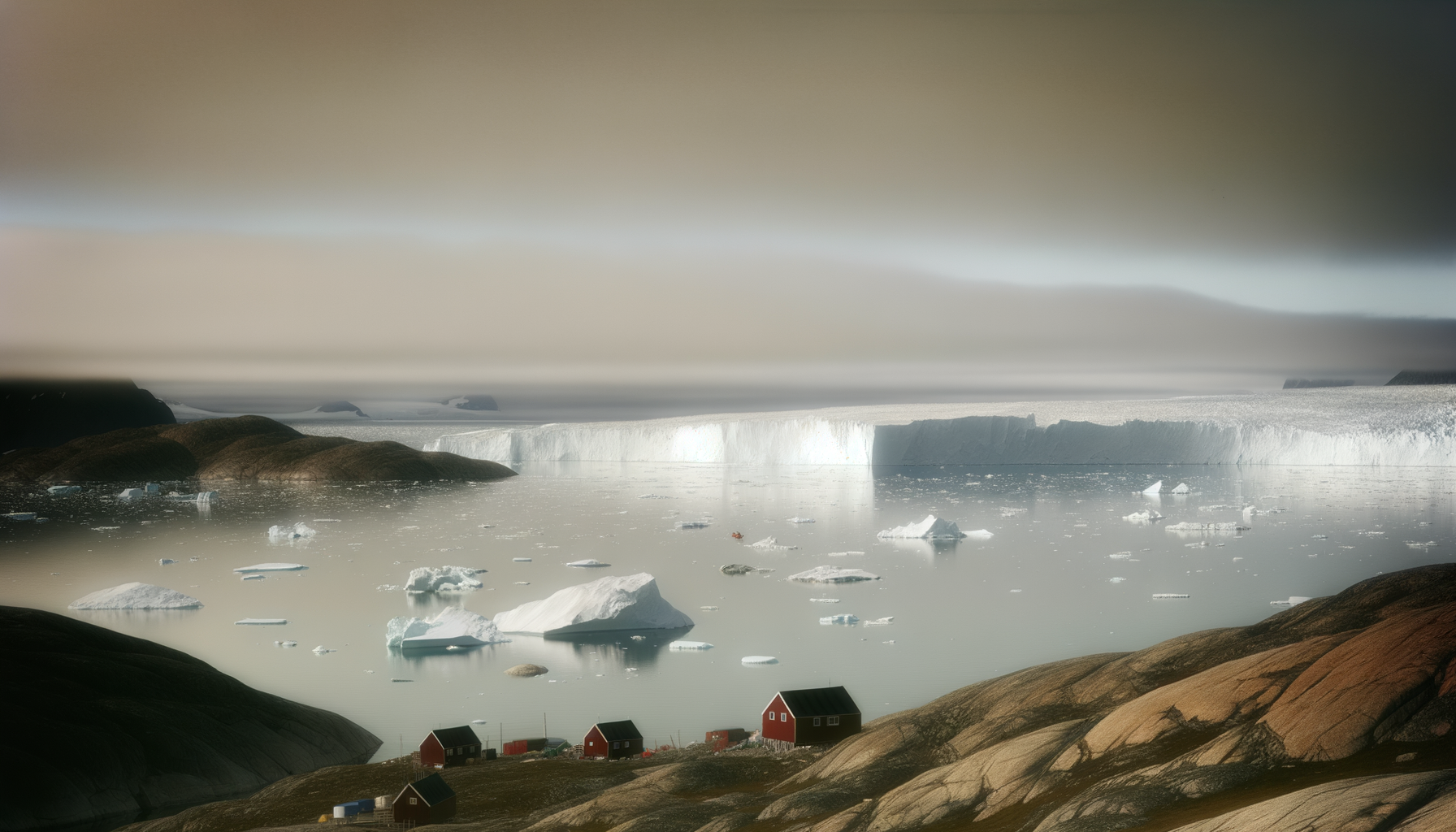 Massive icebergs floating in calm Arctic water under pale sky