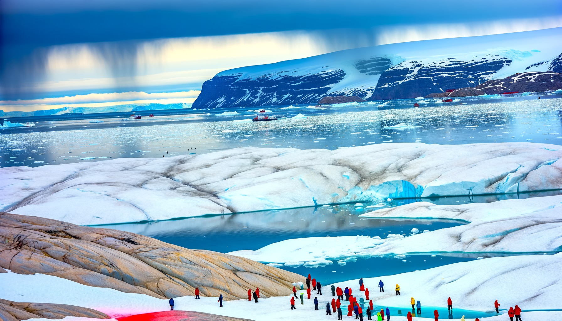Arctic landscape with ice and water under dramatic clouds