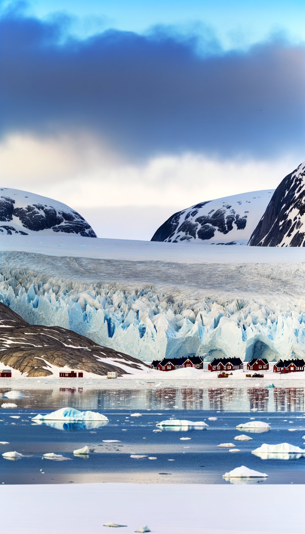 Glacial ice and blue water in a polar landscape