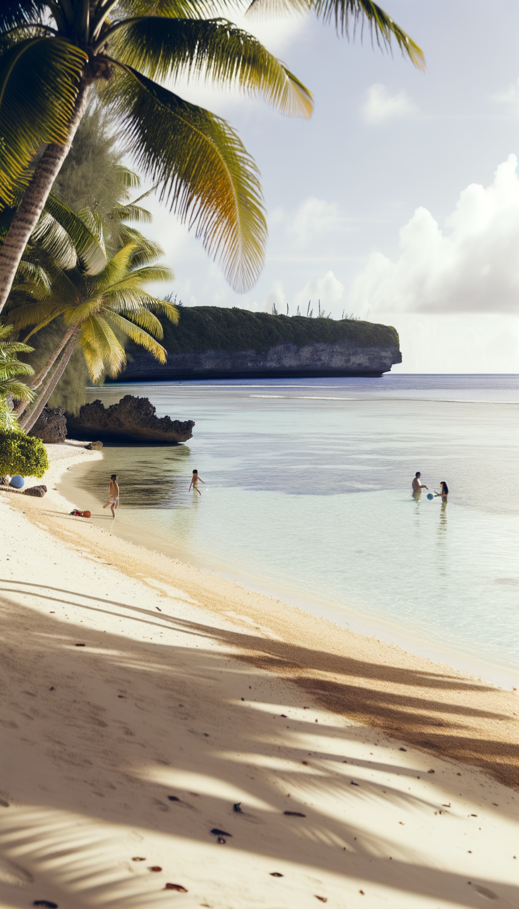 Tropical beach with palms and clear shallow water along Guam’s shore