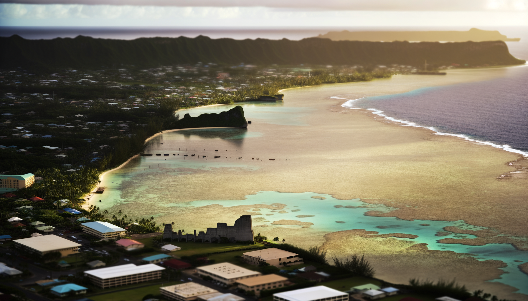 Aerial view of Guam’s reef, lagoon, and built-up shoreline toward the ocean