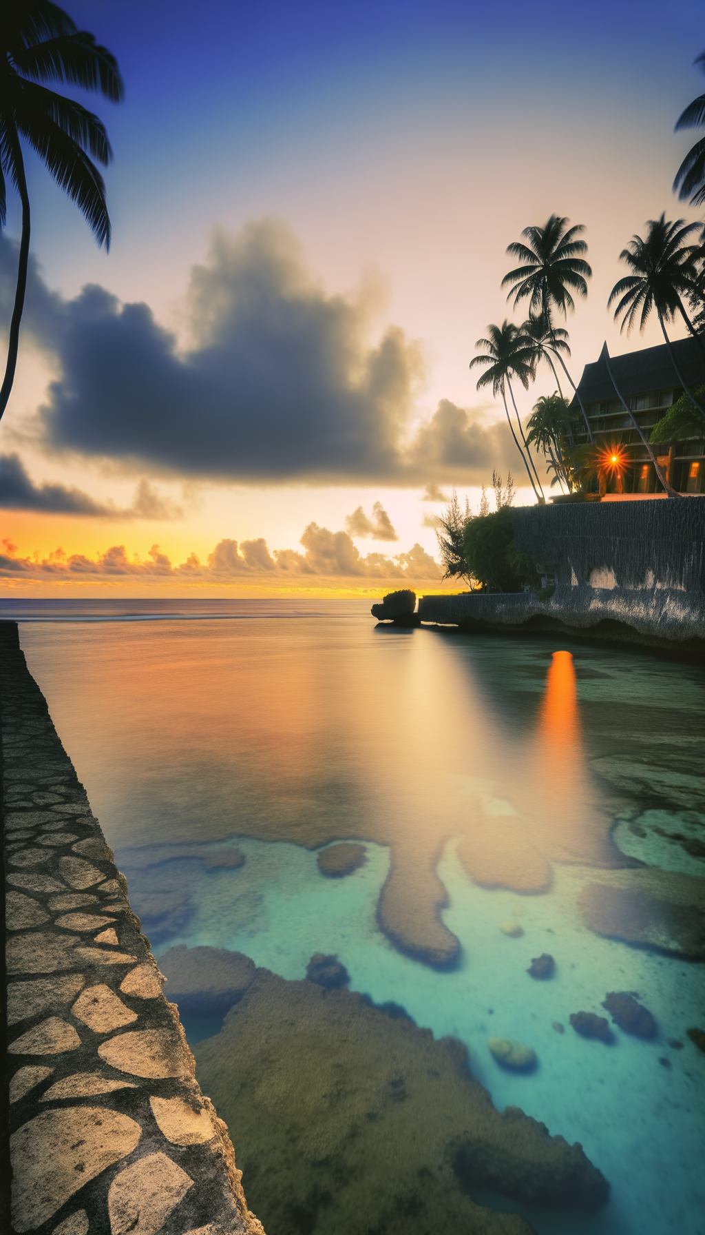 Sunset over the Pacific from Guam with palm silhouettes and calm water