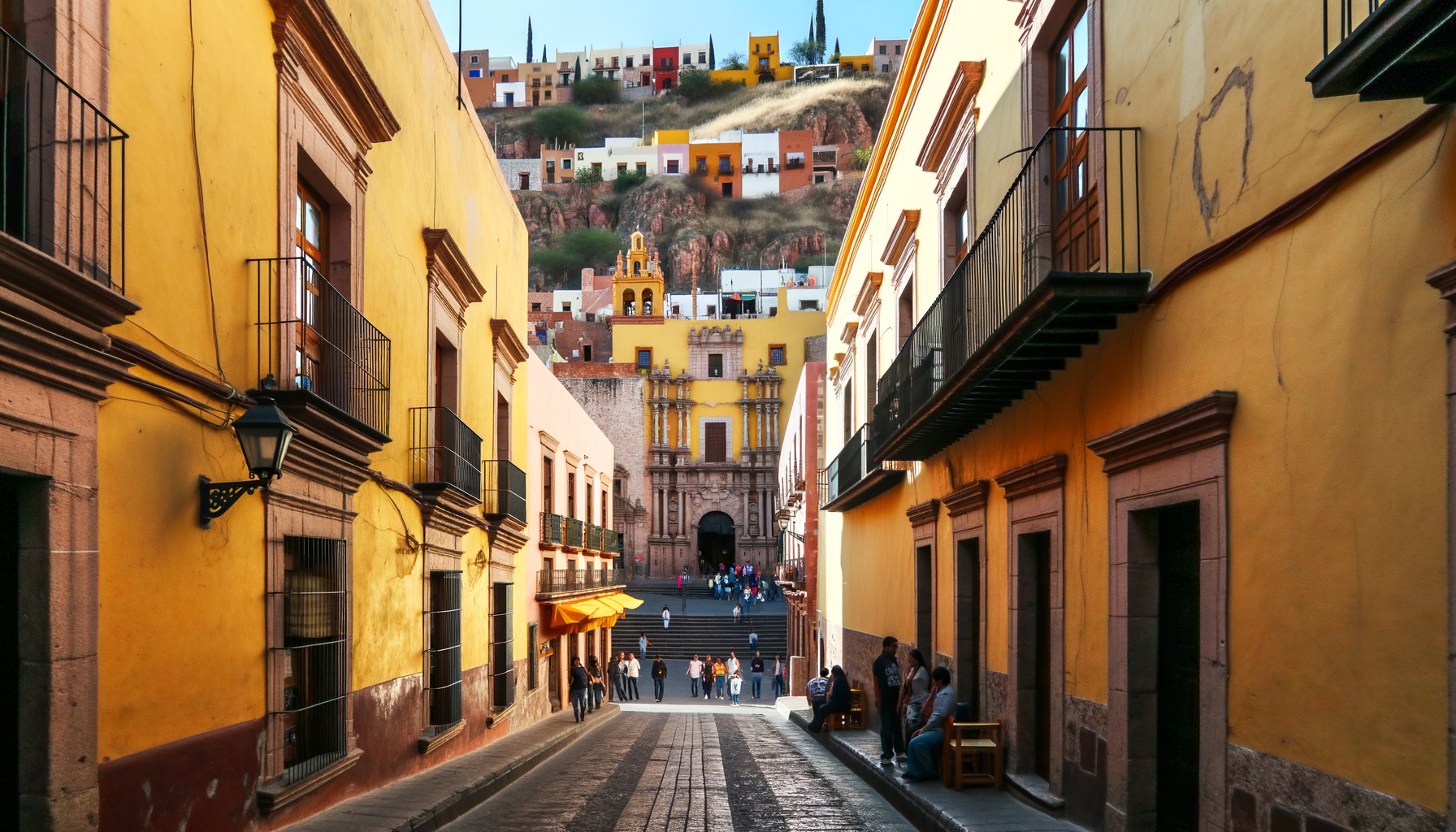 Narrow colonial street with yellow façades and balconies in Guanajuato