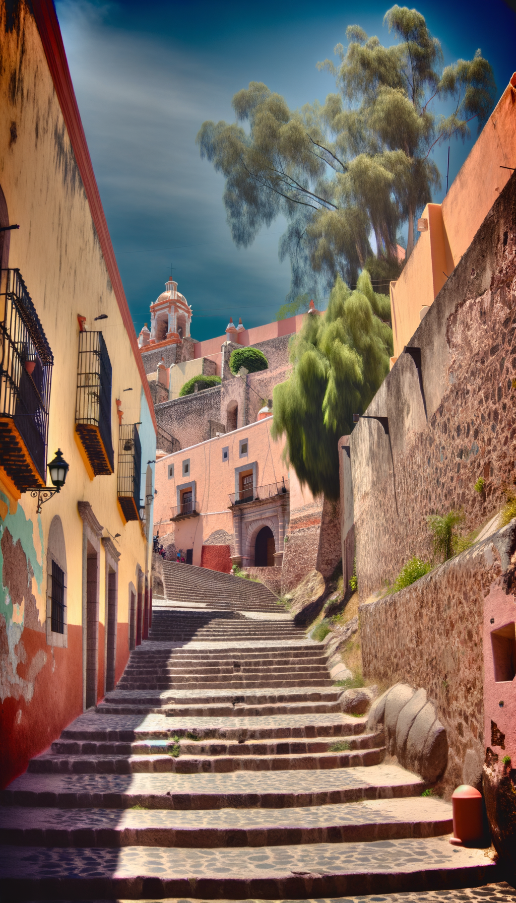Steep alley with stairs and trees between colonial walls