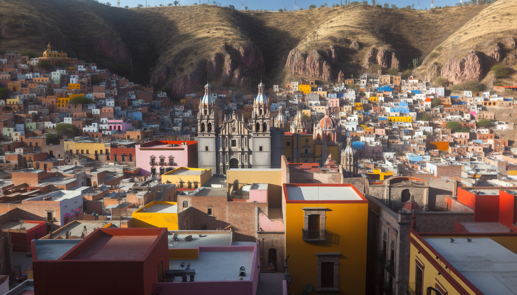 Colorful Guanajuato cityscape with hills and mountains in the distance