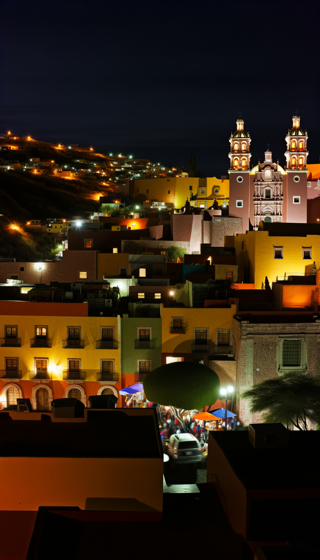 Guanajuato at night with city lights and mountains on the horizon