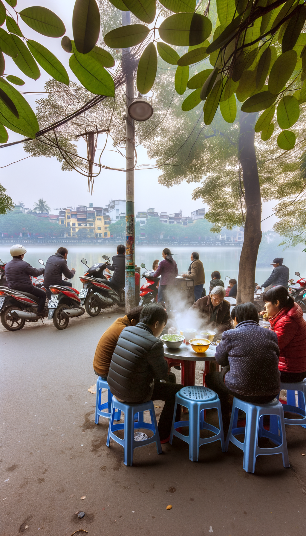 People sitting at small street tables in a lively outdoor food setting