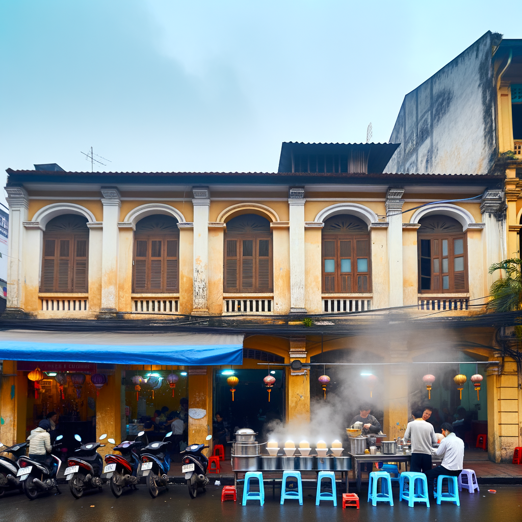 Historic colonial-style building facade in urban Hanoi