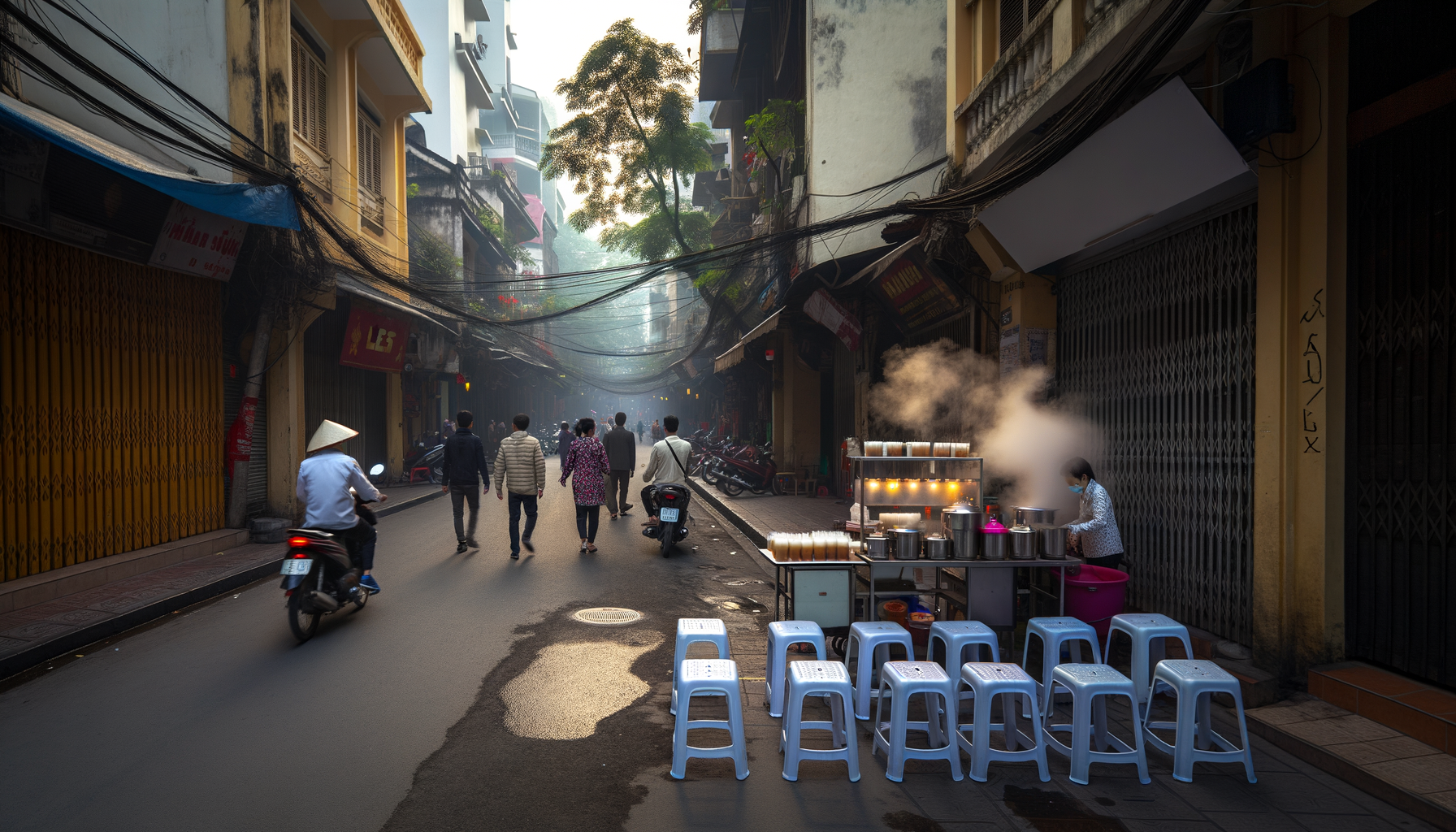 Pedestrians walking a narrow street lined with tall buildings