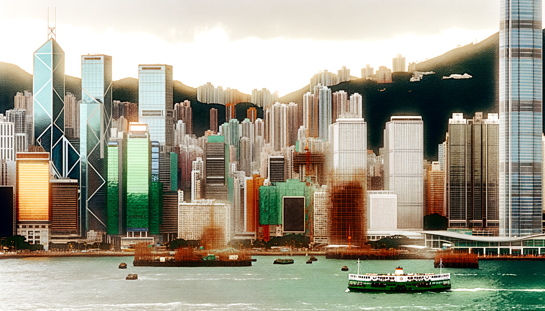 Victoria Harbour and high-rises under a bright sky from the water