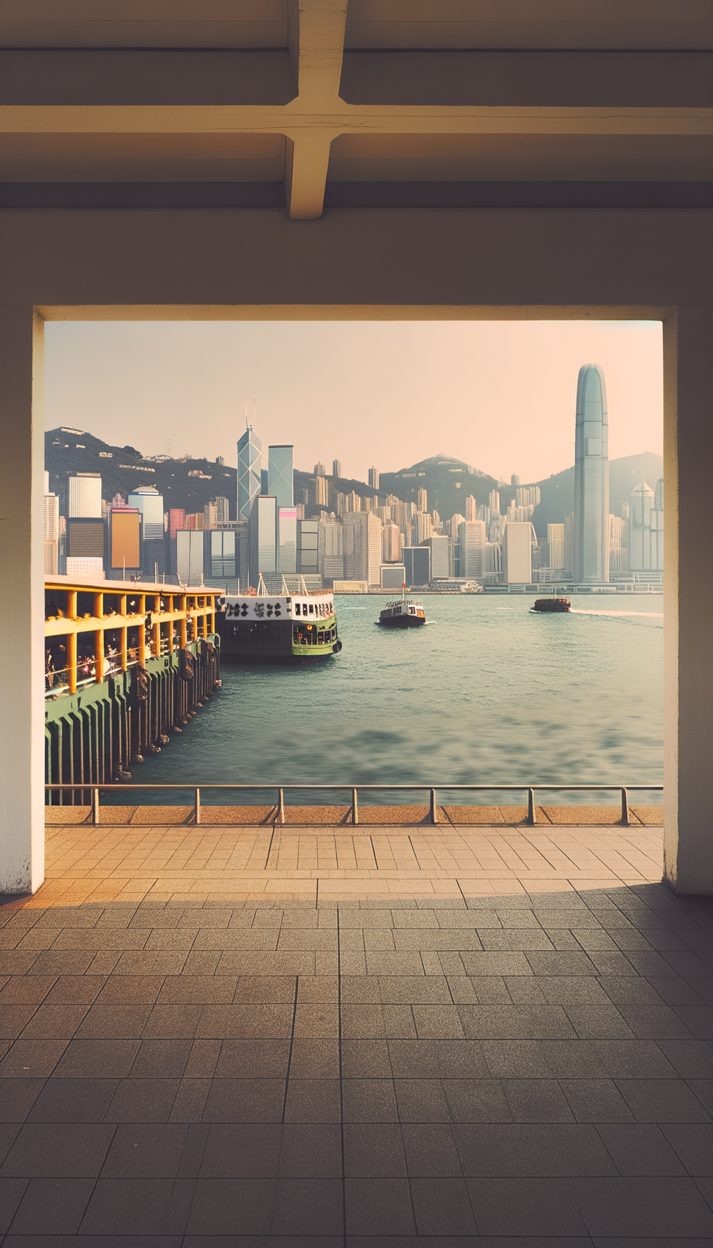 Victoria Harbour from Star Ferry Pier with towers on both shores