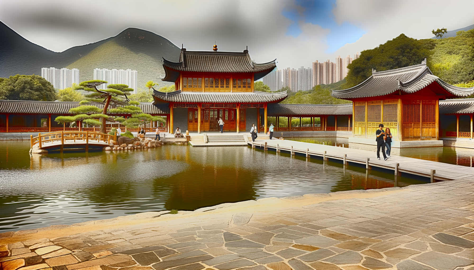 Timber hall and pond at Nan Lian Garden beside Chi Lin Nunnery, Diamond Hill, Hong Kong