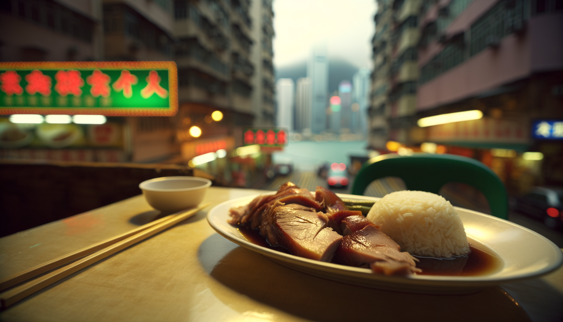 Roast meat and rice plate with glossy skin under warm restaurant light