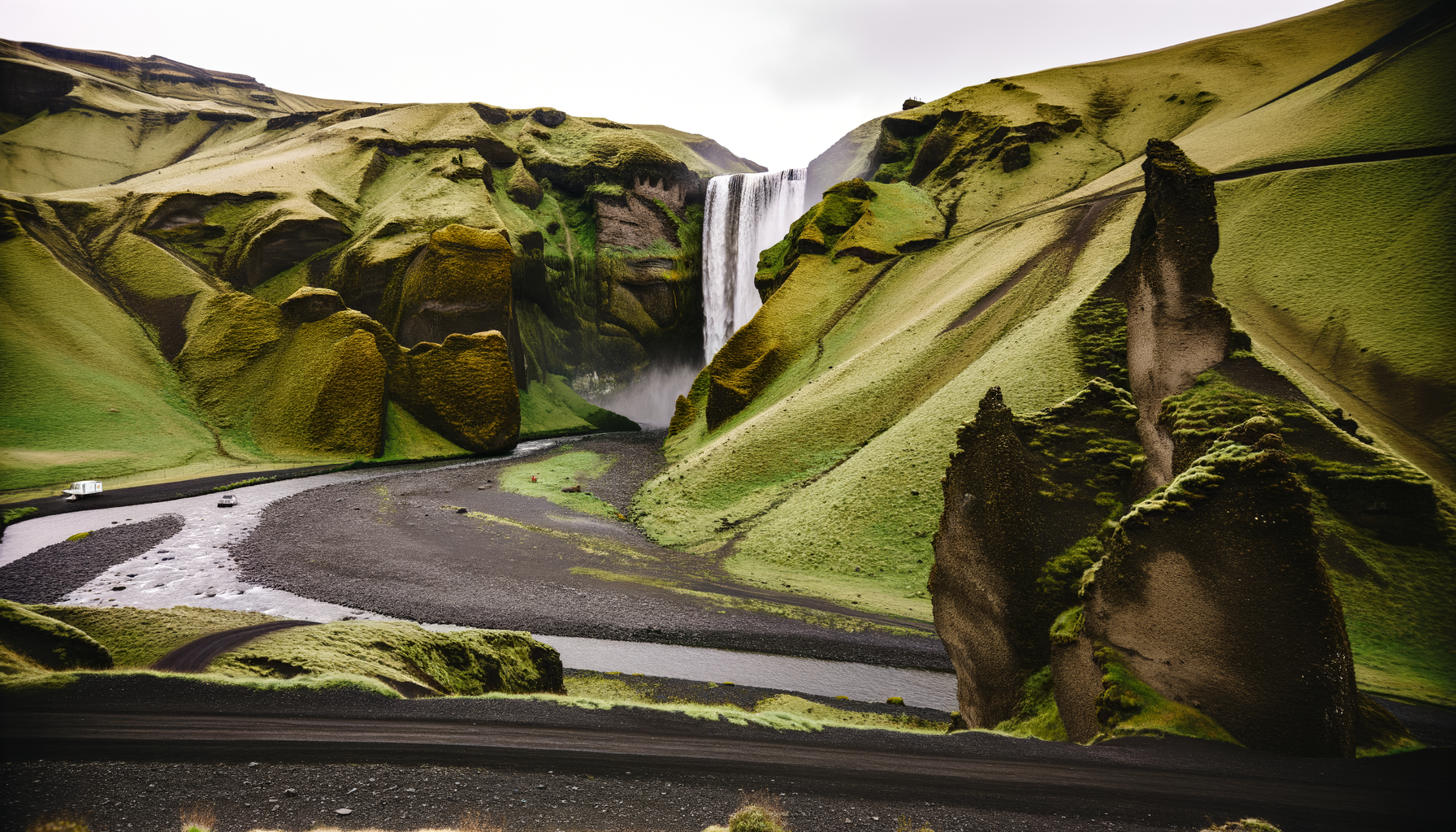 Large waterfall cascading into a green canyon